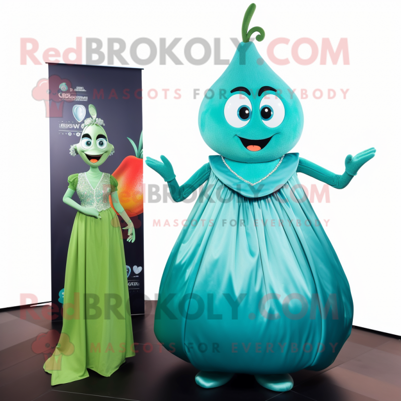 Teal Pear mascot costume character dressed with a Evening Gown and Keychains