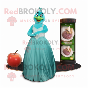 Teal Pear mascot costume character dressed with a Evening Gown and Keychains
