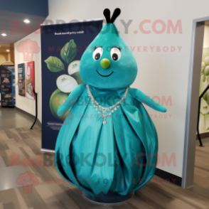 Teal Pear mascot costume character dressed with a Evening Gown and Keychains