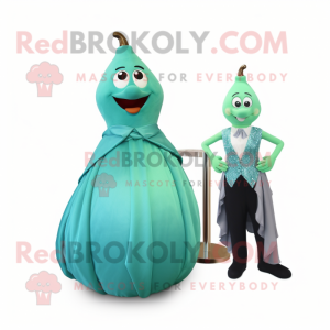 Teal Pear mascot costume character dressed with a Evening Gown and Keychains