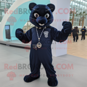 Navy Panther mascot costume character dressed with a Jumpsuit and Brooches