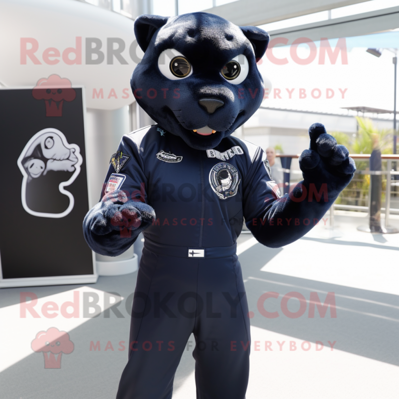 Navy Panther mascot costume character dressed with a Jumpsuit and Brooches