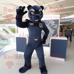 Navy Panther mascot costume character dressed with a Jumpsuit and Brooches