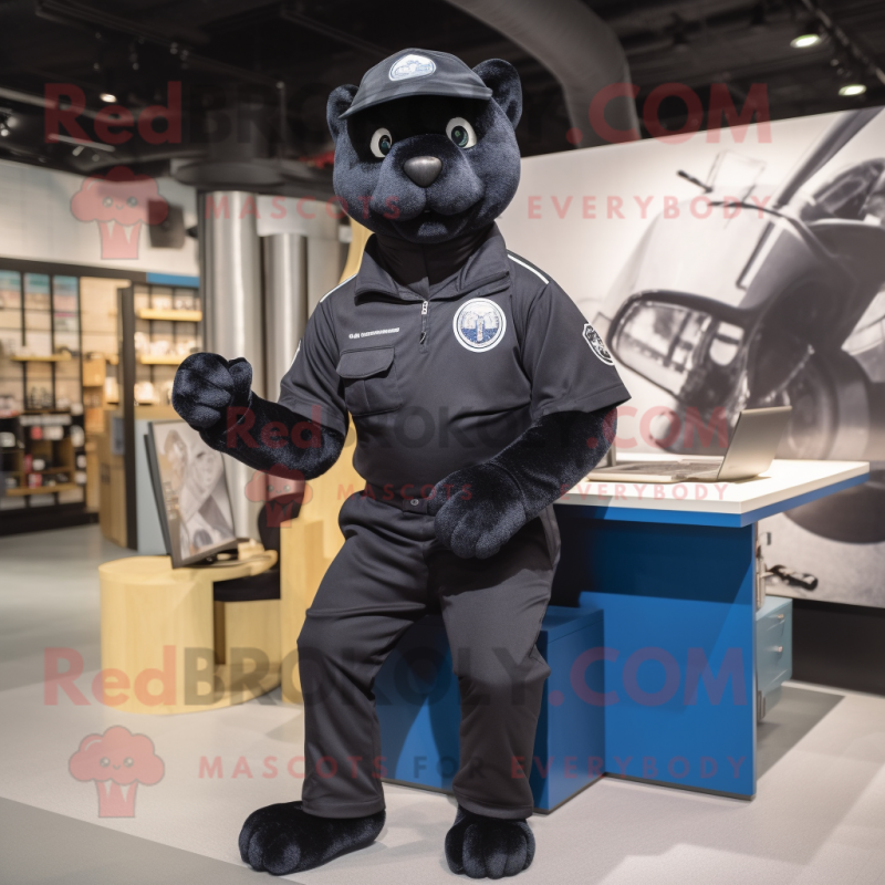 Navy Panther mascot costume character dressed with a Jumpsuit and Brooches Navy Panther mascot costume character dressed with a Jumpsuit and Brooches