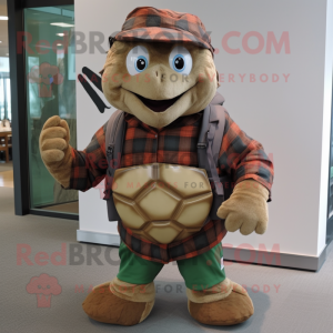 Brown Turtle mascot costume character dressed with a Flannel Shirt and Backpacks