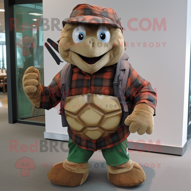 Brown Turtle mascot costume character dressed with a Flannel Shirt and Backpacks Brown Turtle mascot costume character dressed with a Flannel Shirt and Backpacks