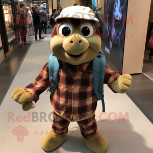 Brown Turtle mascot costume character dressed with a Flannel Shirt and Backpacks