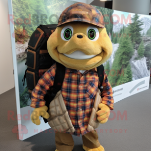 Brown Turtle mascot costume character dressed with a Flannel Shirt and Backpacks