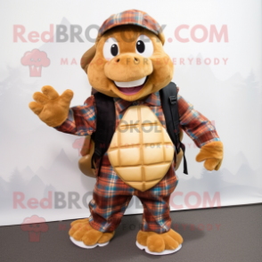 Brown Turtle mascot costume character dressed with a Flannel Shirt and Backpacks