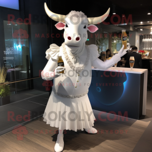 White Bull mascot costume character dressed with a Cocktail Dress and Cummerbunds