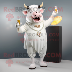 White Bull mascot costume character dressed with a Cocktail Dress and Cummerbunds