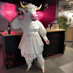 White Bull mascot costume character dressed with a Cocktail Dress and Cummerbunds