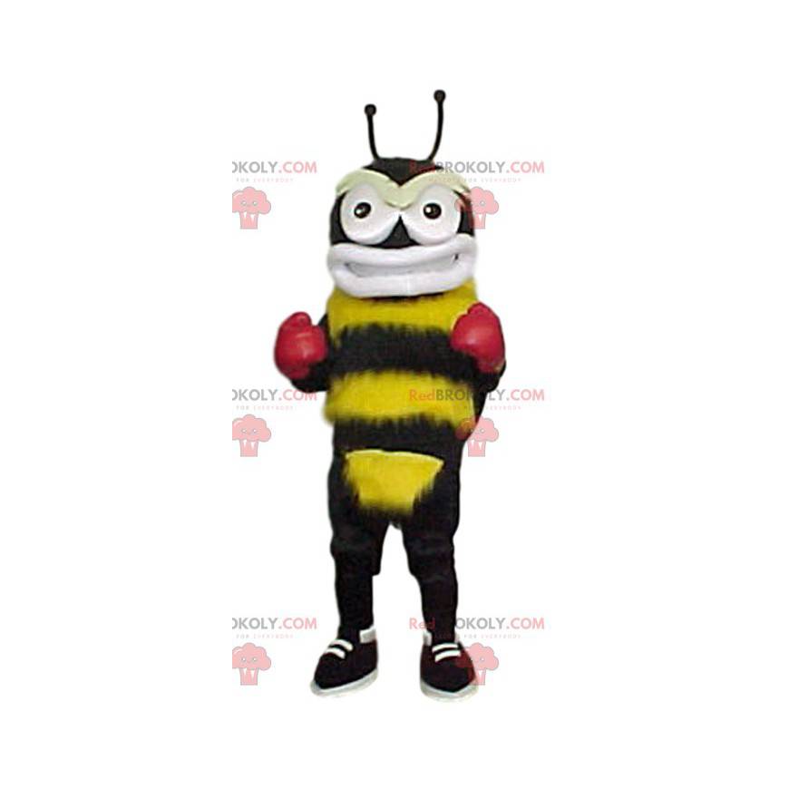 Mascotte calabrone giallo e nero con guantoni da boxe -
