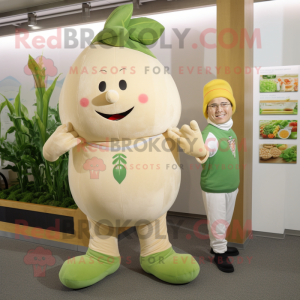 Beige Radish mascot costume character dressed with a Jumpsuit and Watches