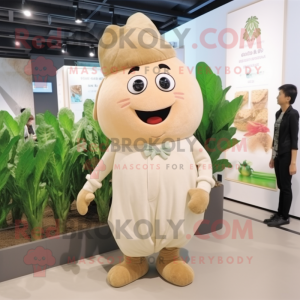Beige Radish mascot costume character dressed with a Jumpsuit and Watches