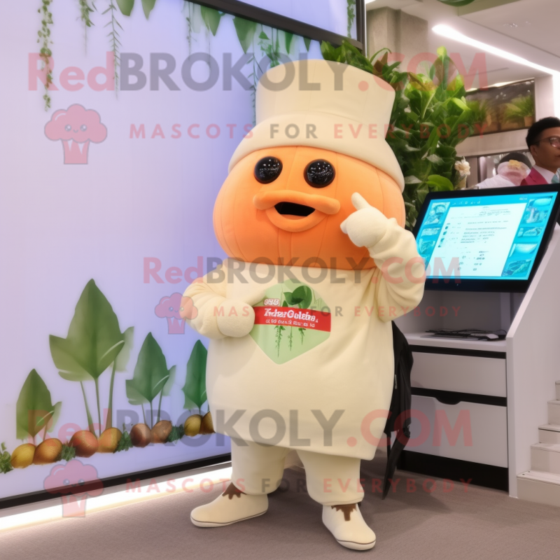 Beige Radish mascot costume character dressed with a Jumpsuit and Watches