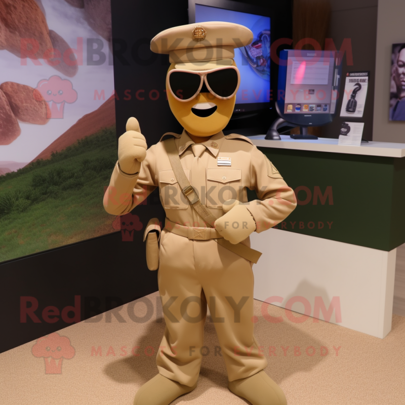 Tan Soldier mascot costume character dressed with a Bikini and Tie pins