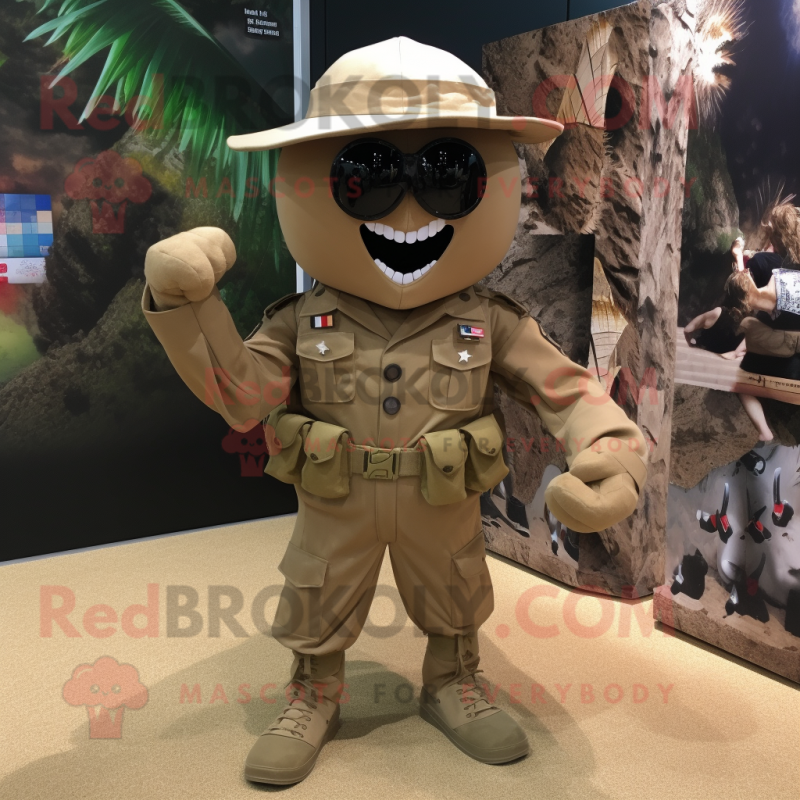 Tan Soldier mascot costume character dressed with a Bikini and Tie pins