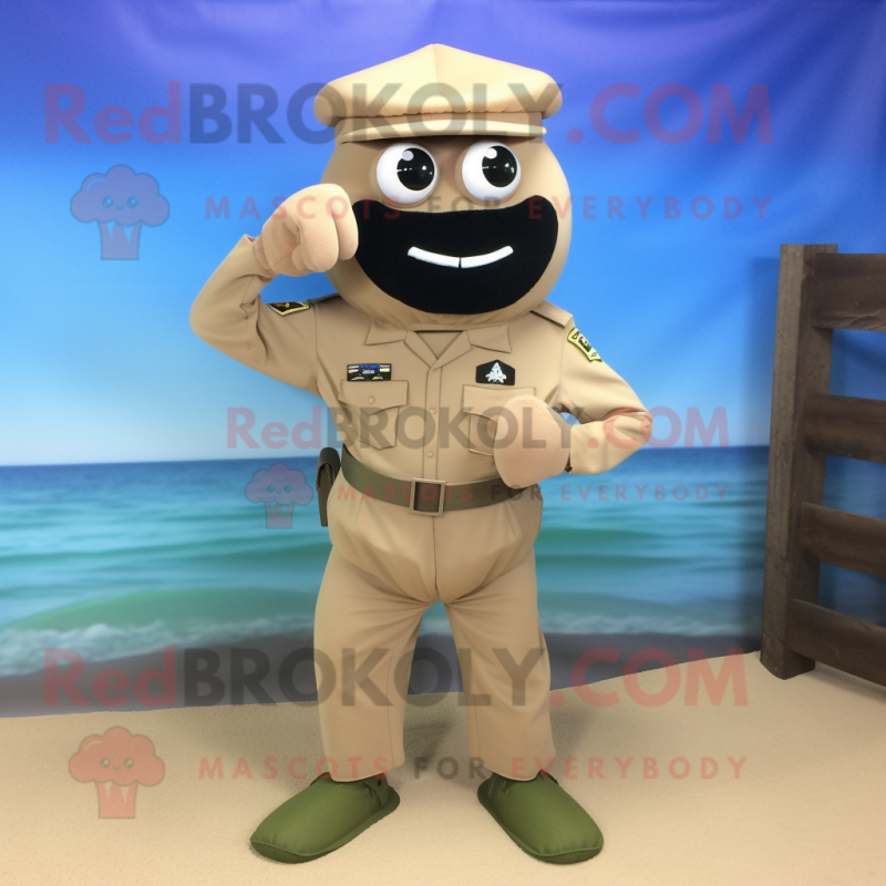 Tan Soldier mascot costume character dressed with a Bikini and Tie pins Tan Soldier mascot costume character dressed with a Bikini and Tie pins