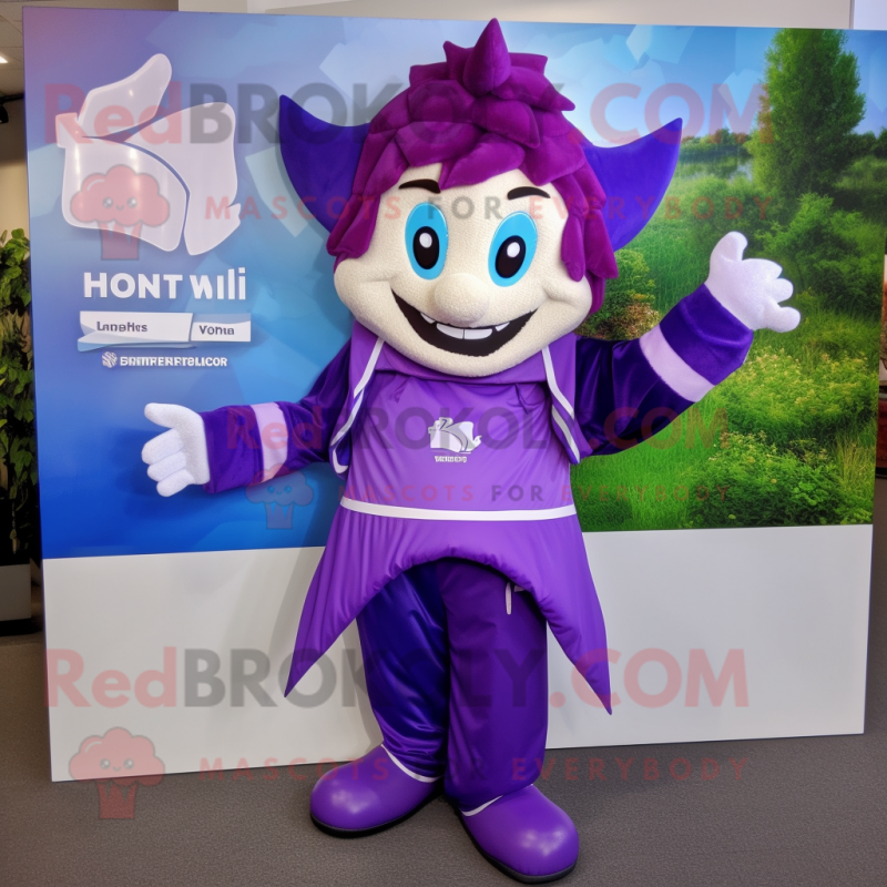 Purple Tooth Fairy mascot costume character dressed with a Windbreaker and Mittens