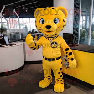 Yellow Jaguar mascot costume character dressed with a V-Neck Tee and Ties