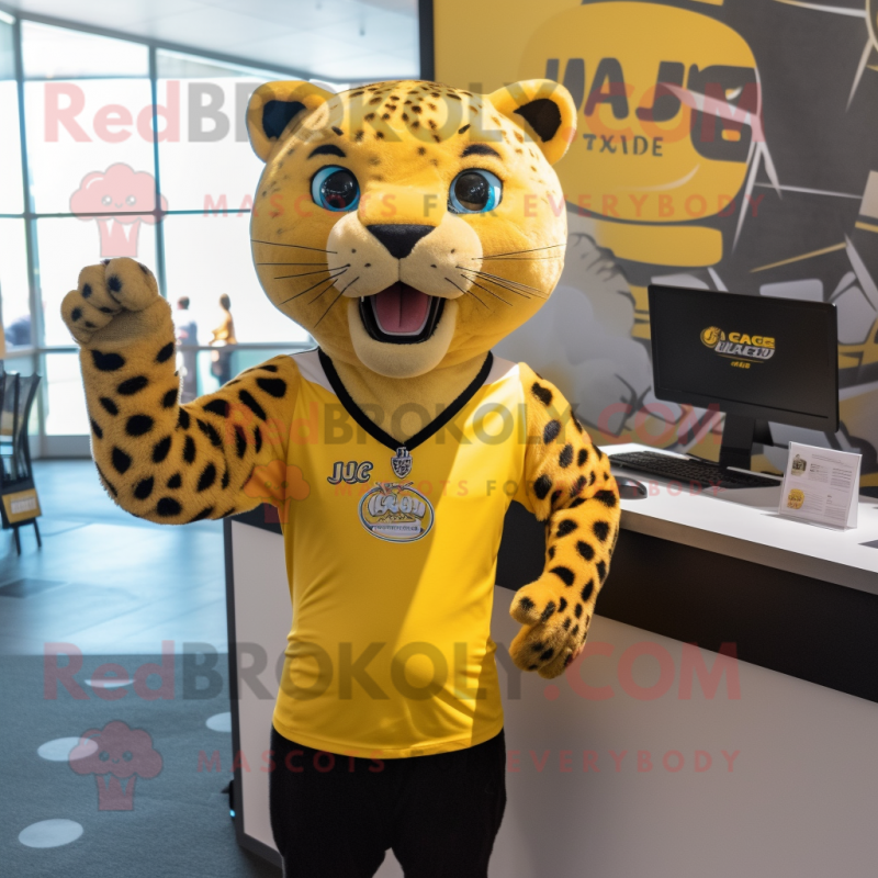 Yellow Jaguar mascot costume character dressed with a V-Neck Tee and Ties