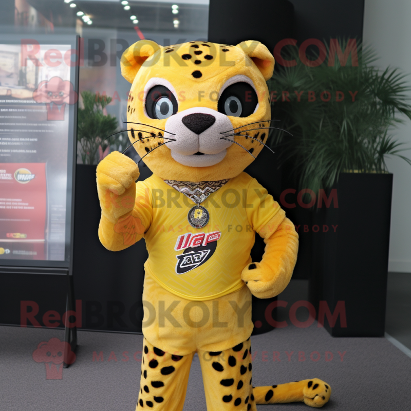 Yellow Jaguar mascot costume character dressed with a V-Neck Tee and Ties