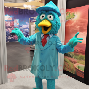 Teal Chicken Parmesan mascot costume character dressed with a Culottes and Ties