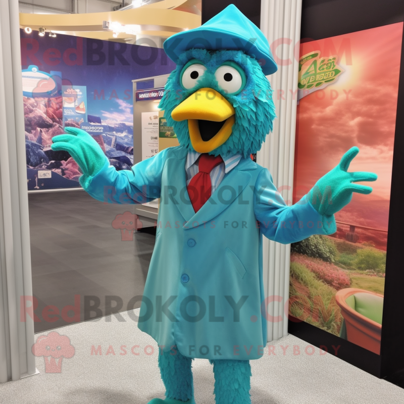 Teal Chicken Parmesan mascot costume character dressed with a Culottes and Ties Teal Chicken Parmesan mascot costume character dressed with a Culottes and Ties
