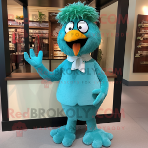 Teal Chicken Parmesan mascot costume character dressed with a Culottes and Ties
