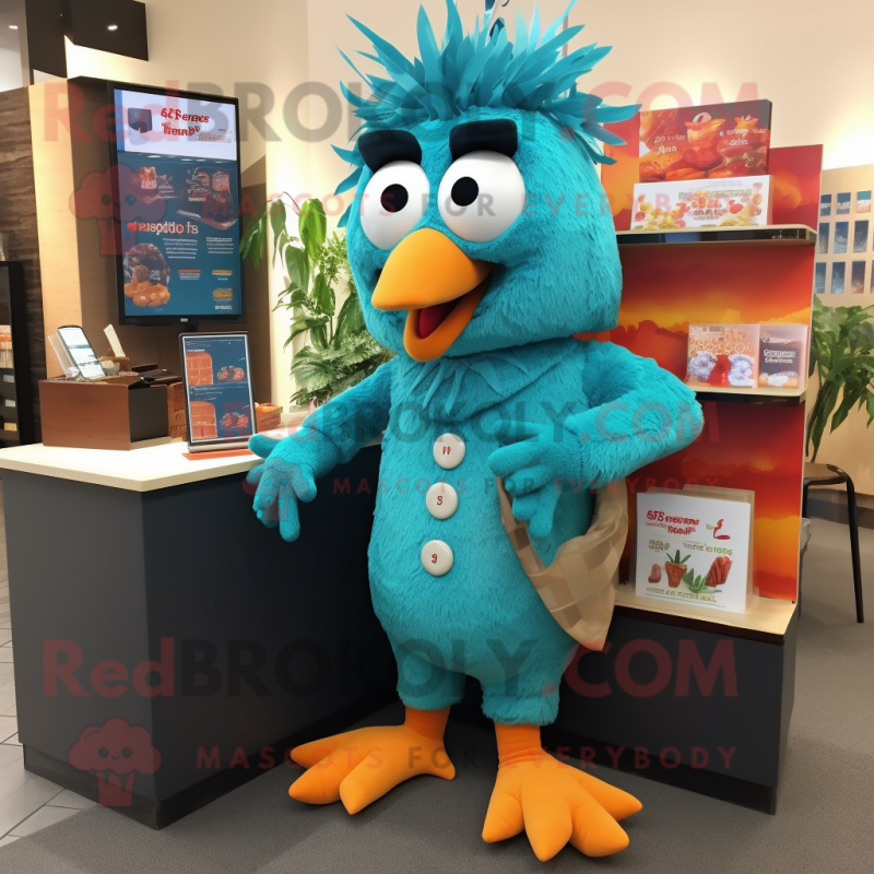 Teal Chicken Parmesan mascot costume character dressed with a Culottes and Ties Teal Chicken Parmesan mascot costume character dressed with a Culottes and Ties