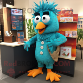 Teal Chicken Parmesan mascot costume character dressed with a Culottes and Ties