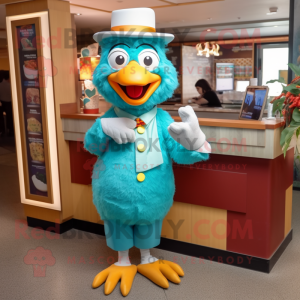 Teal Chicken Parmesan mascot costume character dressed with a Culottes and Ties