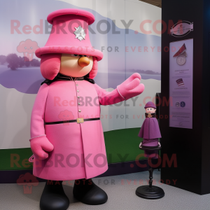 Pink British Royal Guard mascot costume character dressed with a Cover-up and Watches