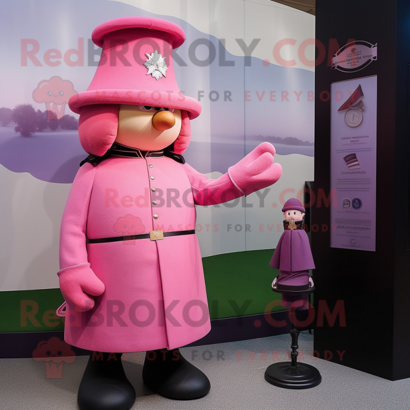 Pink British Royal Guard mascot costume character dressed with a Cover-up and Watches Pink British Royal Guard mascot costume character dressed with a Cover-up and Watches