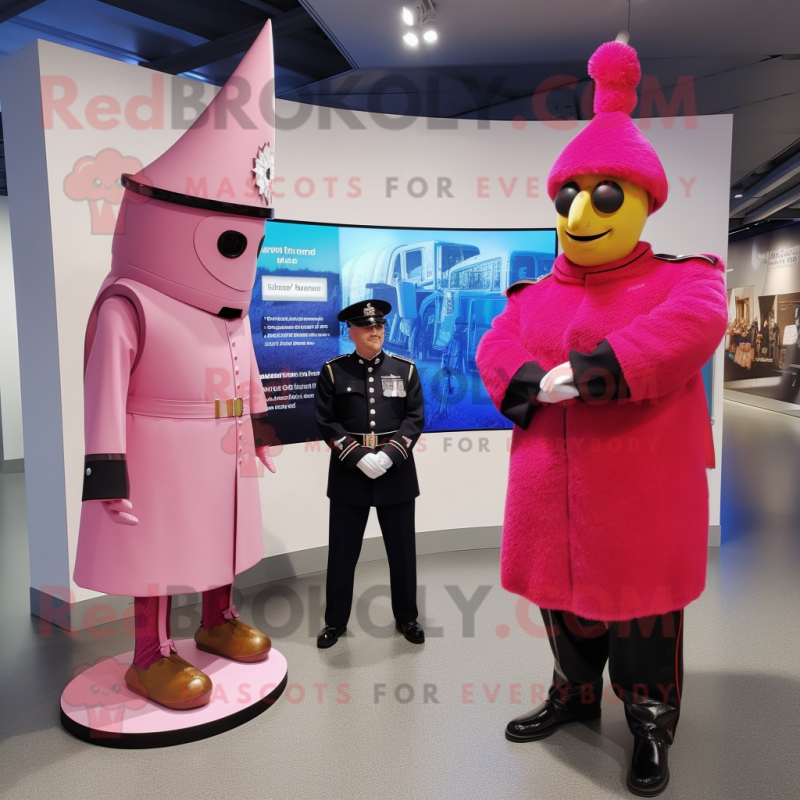 Pink British Royal Guard mascot costume character dressed with a Cover-up and Watches