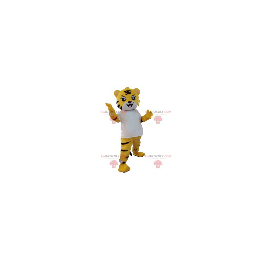 Pequeno mascote de tigre com sua camiseta branca -