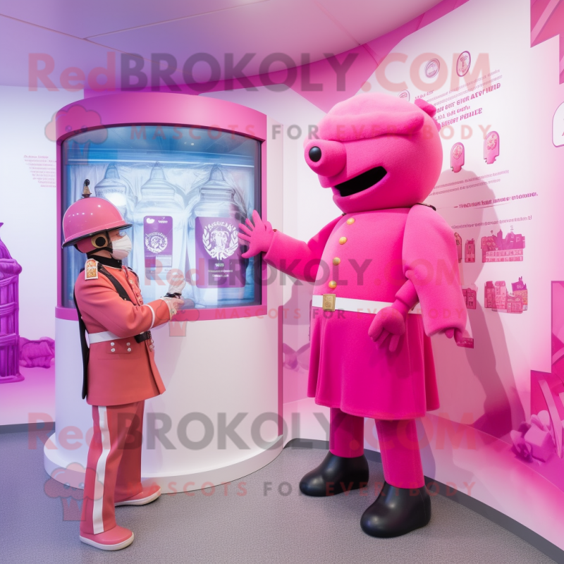 Pink British Royal Guard mascot costume character dressed with a Cover-up and Watches Pink British Royal Guard mascot costume character dressed with a Cover-up and Watches