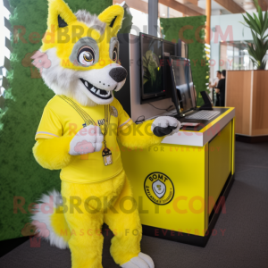 Lemon Yellow Say Wolf mascot costume character dressed with a Mini Dress and Bracelets