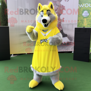 Lemon Yellow Say Wolf mascot costume character dressed with a Mini Dress and Bracelets