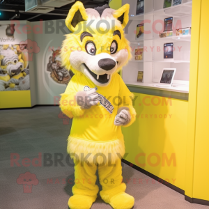 Lemon Yellow Say Wolf mascot costume character dressed with a Mini Dress and Bracelets