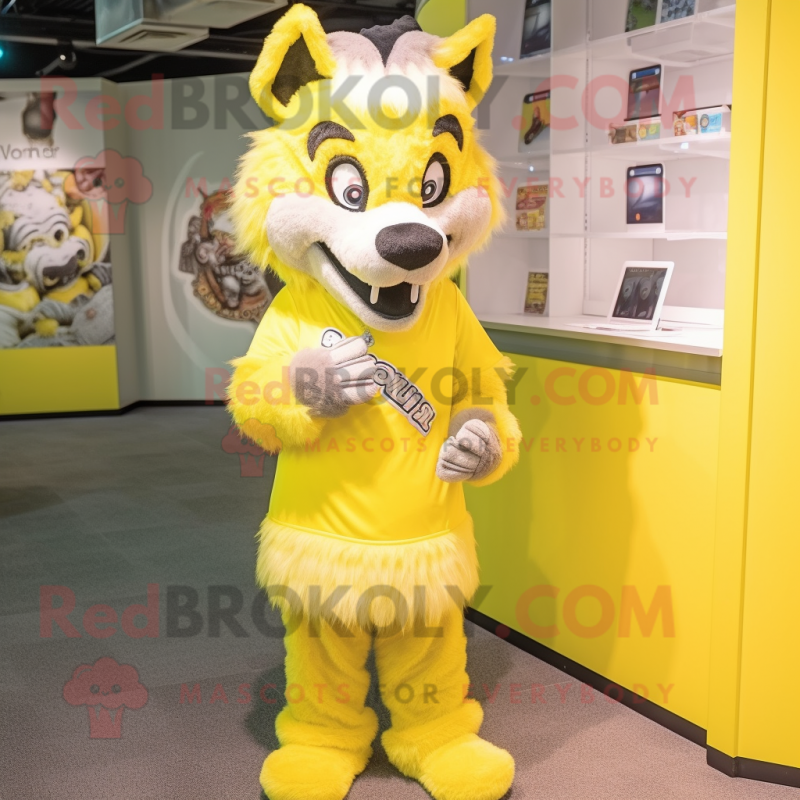 Lemon Yellow Say Wolf mascot costume character dressed with a Mini Dress and Bracelets Lemon Yellow Say Wolf mascot costume character dressed with a Mini Dress and Bracelets
