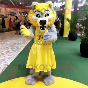 Lemon Yellow Say Wolf mascot costume character dressed with a Mini Dress and Bracelets