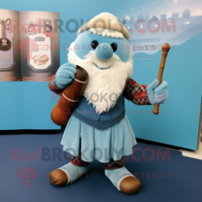 Sky Blue Bagpipe mascot costume character dressed with a Cardigan and Shawls