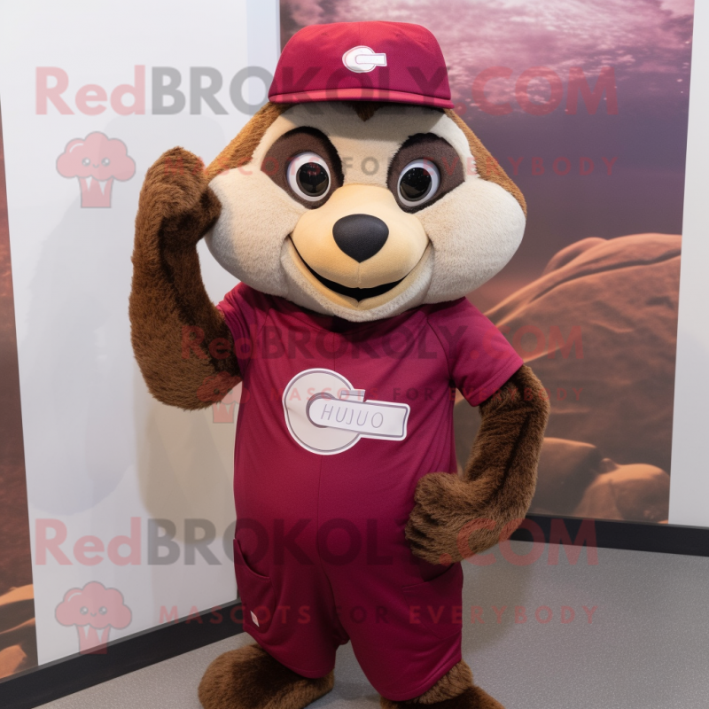 Maroon Meerkat mascot costume character dressed with a Tank Top and Beanies