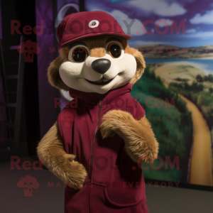 Maroon Meerkat mascot costume character dressed with a Tank Top and Beanies