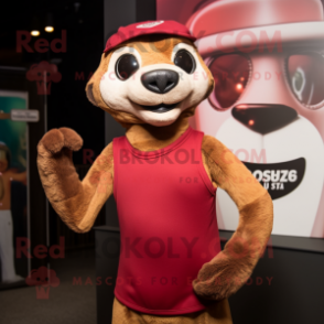 Maroon Meerkat mascot costume character dressed with a Tank Top and Beanies