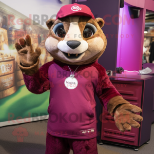 Maroon Meerkat mascot costume character dressed with a Tank Top and Beanies