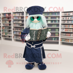 Navy Celtic Cross mascot costume character dressed with a Midi Dress and Reading glasses