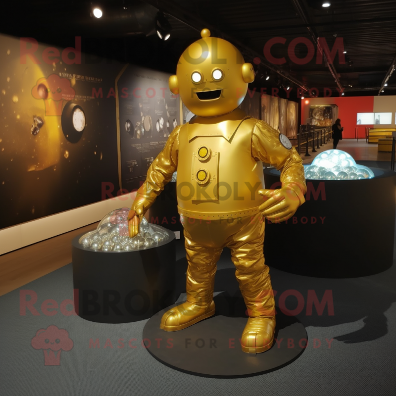Gold Human Cannon Ball mascot costume character dressed with a Playsuit and Shoe clips Gold Human Cannon Ball mascot costume character dressed with a Playsuit and Shoe clips